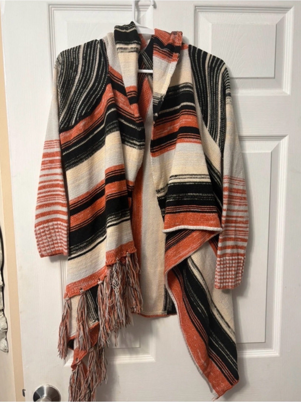 Striped Hooded Open Cardigan Sweater in Cream & Rust